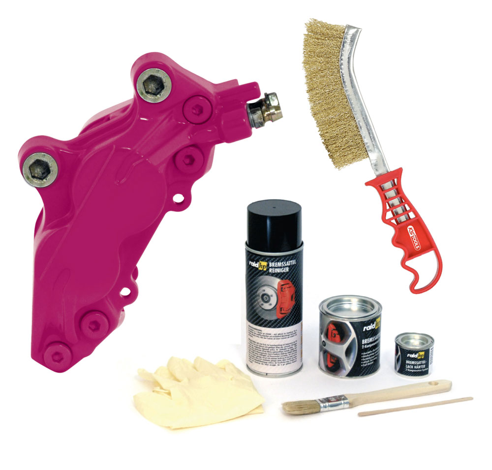 raid hp Bremssattellack Pink 2 Komponenten Komplett-Set + KS Tools Messing Bremssattelbürste